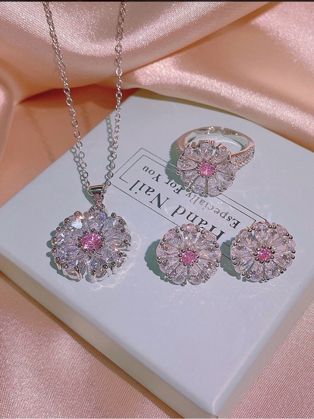 Pink Center Floral Necklace, Ring & Earring Set - NWOT